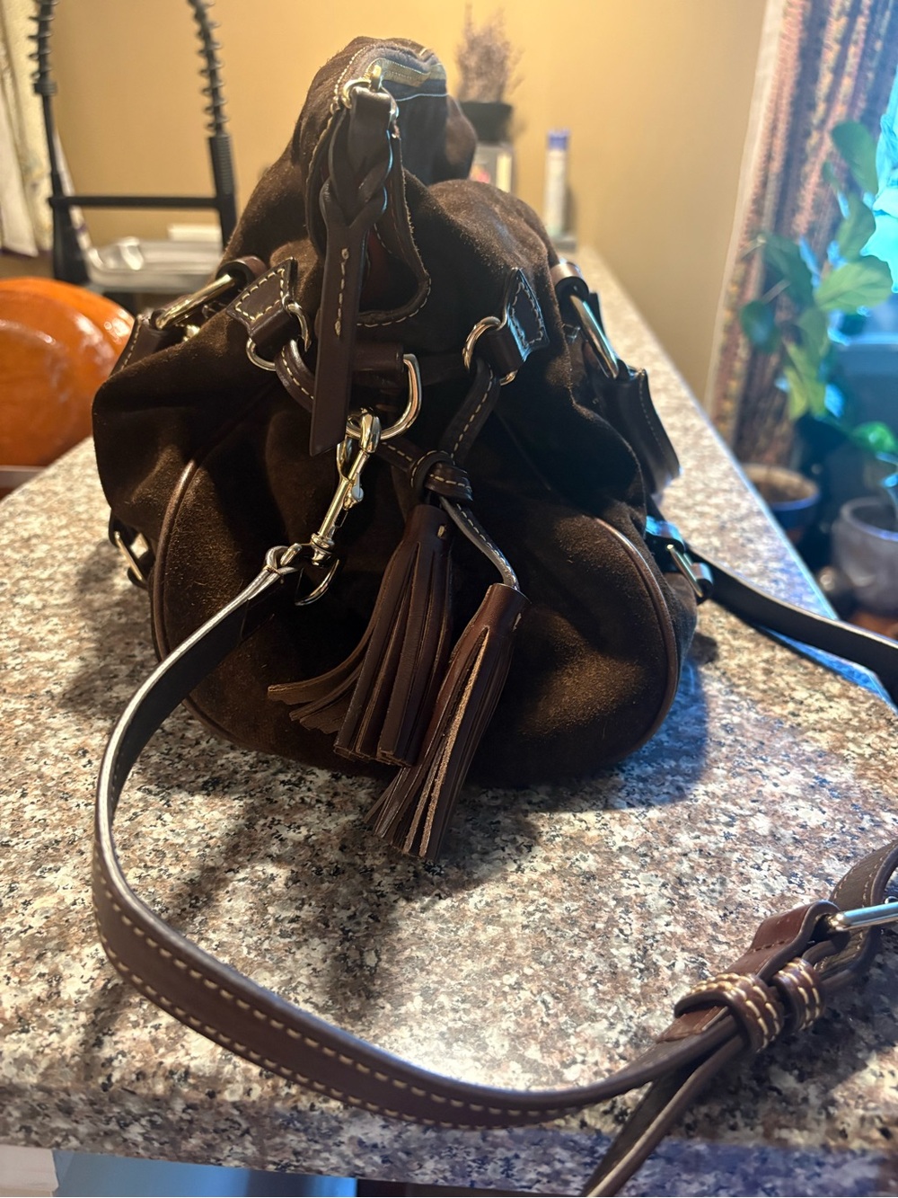 Dooney & Bourke Brown Suede Satchel with Tassel Detail Florentine - Picture 4 of 8